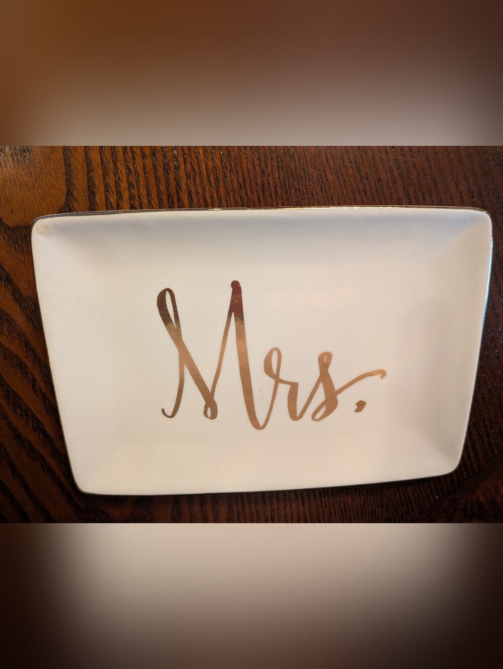 Mrs. Ceramic Jewelry Or Trinket Tray in White And Gold